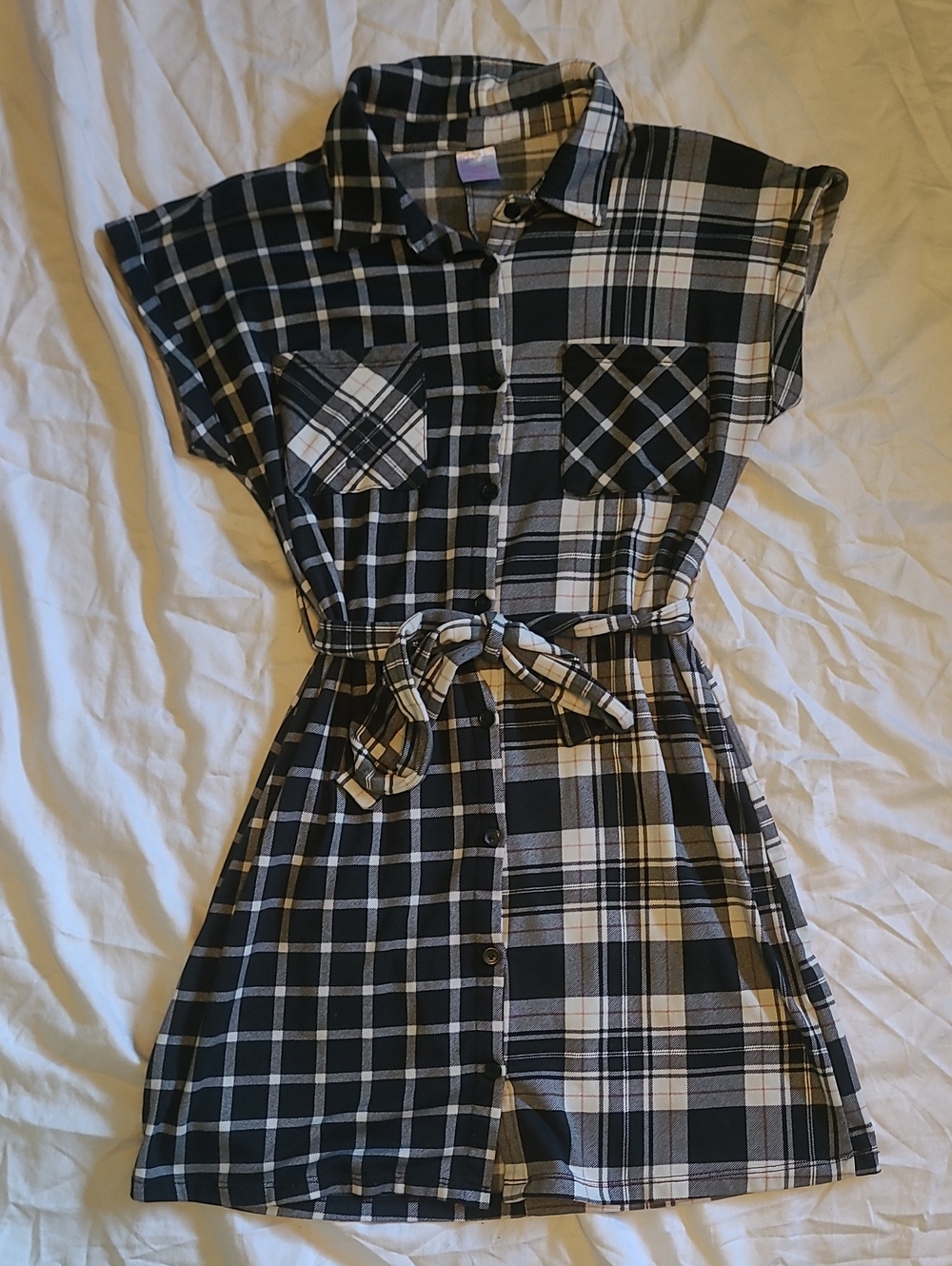 No Boundaries Black and White Plaid Button-Front Dress